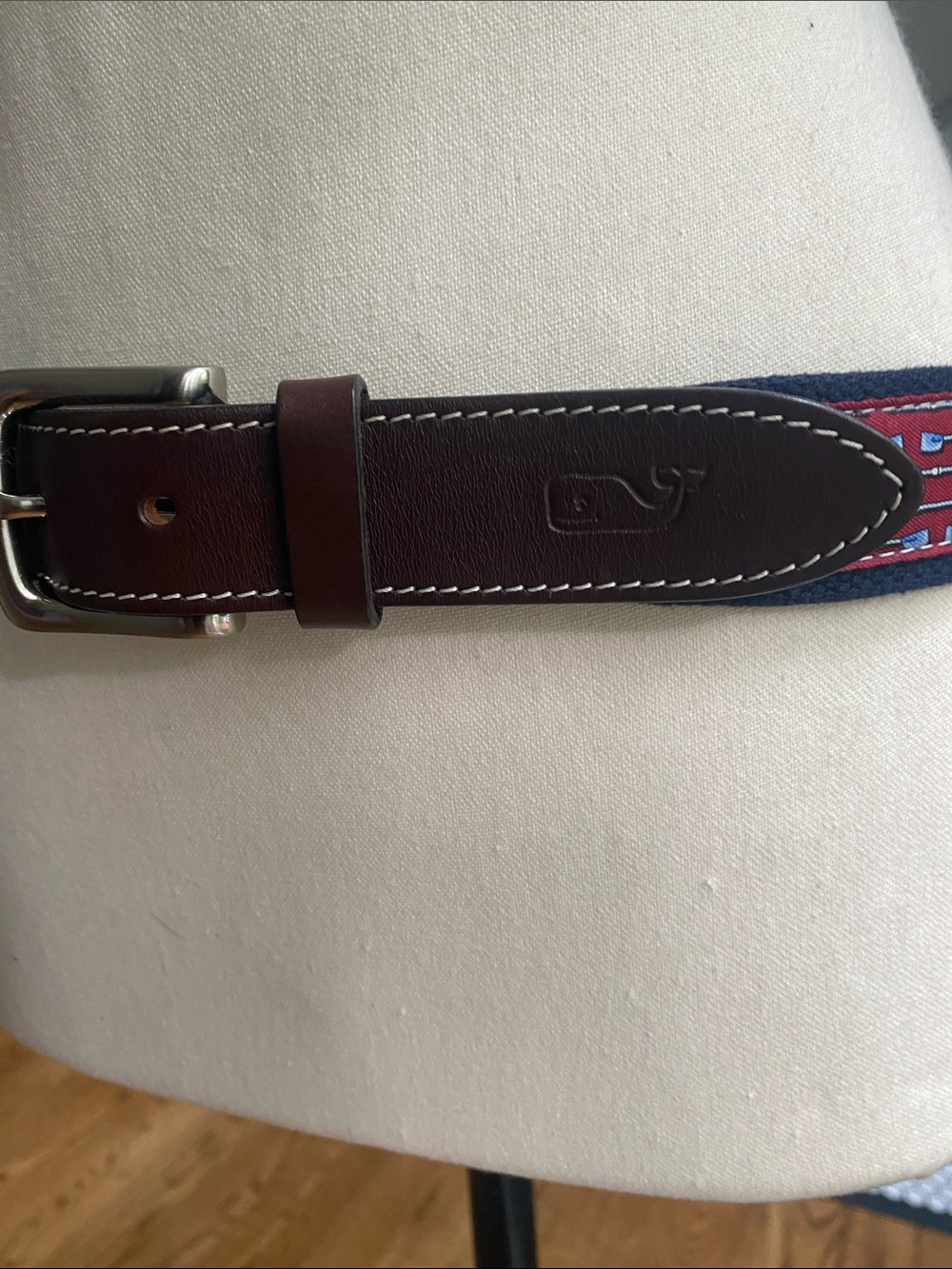NWOT Men's Vinyard Vines belt brass brown leather trim canvass rowing size 32 - Picture 6 of 10